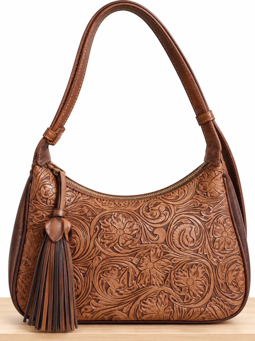 Hand-Tooled Brown Faux Leather Shoulder Bag with Tassel